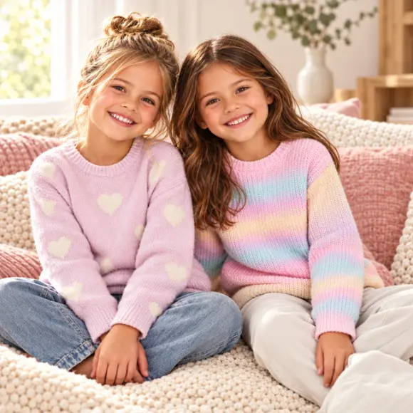 Due bambine con morbidi maglioni in maglia con cuori e colori arcobaleno