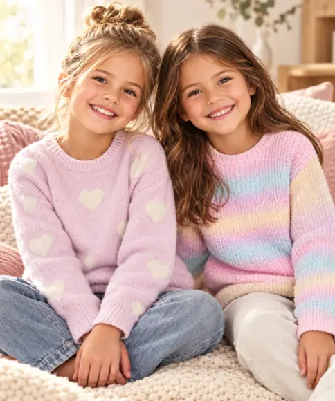 Due bambine con morbidi maglioni in maglia con cuori e colori arcobaleno
