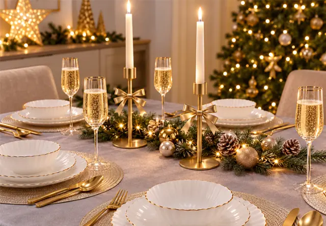 Tavola natalizia apparecchiata con stoviglie bianche dal bordo dorato, candelabri dorati, calici da champagne e decorazioni natalizie