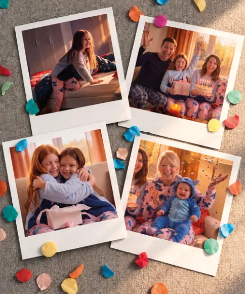 Quattro foto mostrano felici momenti in famiglia con bambini in comodi pigiami di Stitch tra abbracci e festeggiamenti